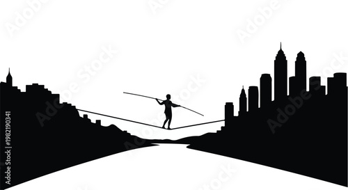 Tightrope walker balances carefully on a thin wire suspended high above a sprawling urban skyline in this striking black silhouette conceptualizing the challenge of managing professional life.