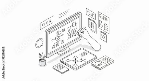 Isometric UI/UX Design Process Illustration with Digital Devices, Web Development Planning and Creative Workspace Line Art Concept
