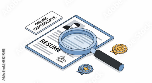Recruitment Concept Illustration of Resume Screening with Magnifying Glass and Online Certificates