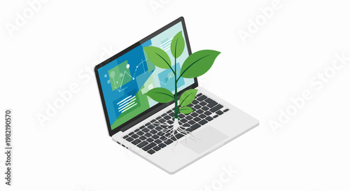 Sustainable Technology Concept: Isometric Laptop with Green Plant Growing from Keyboard for Eco-Friendly Business and Environmental Growth