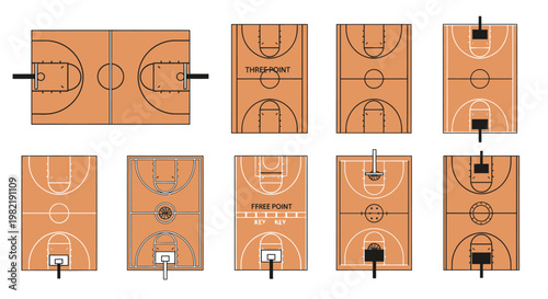 Comprehensive collection of basketball court layouts and dimensions, illustrating various game configurations on a light background.