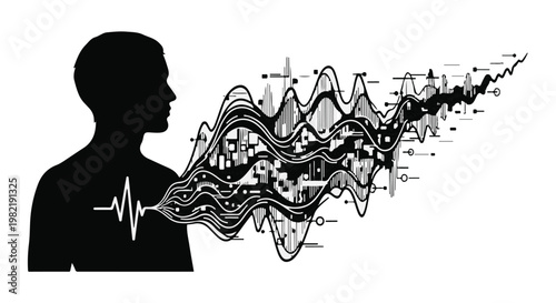 Human silhouette expresses complex mental states through vibrant sound waves and abstract data patterns, illustrating the profound connection between cognitive health and digital information.