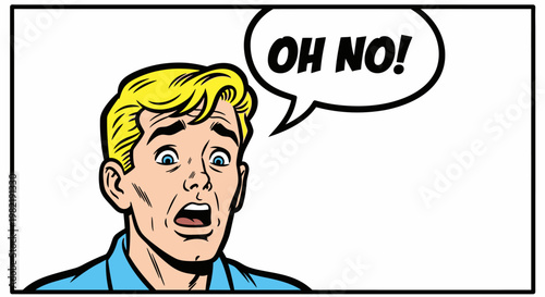 Surprised Comic Book Style Man with "OH NO!" Speech Bubble on Isolated White Background
