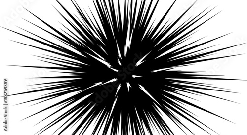 Dynamic black abstract speed lines radiating outwards from a central point, creating an explosion or comic burst effect on an isolated white background.