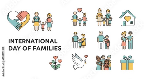 International Day of Families flat design illustration with diverse family groups and home elements