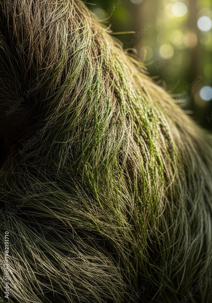 Fototapeta premium Close up view showcases the textured fur of a sloth with green algae growing on its back in a forest environment.