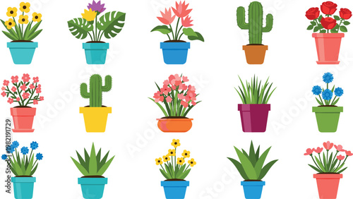 Colorful potted plants and flowers vector set featuring cactus blooming houseplants and decorative pots isolated cartoon illustration collection