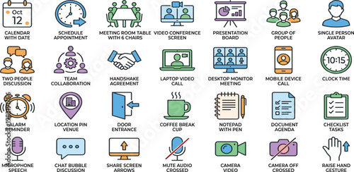 Collection of icons representing various business meeting and communication activities, including scheduling, collaboration, and remote interaction