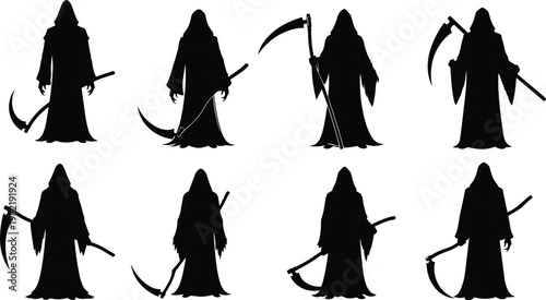 Grim reaper silhouette collection, death figure with scythe, dark hooded character, spooky halloween illustration isolated black vector set