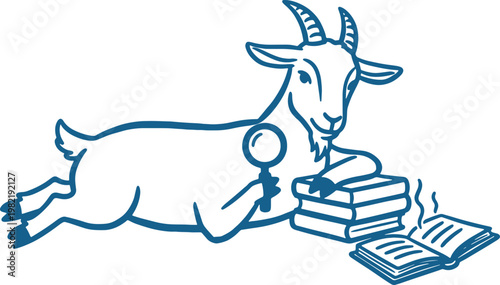 Whimsical blue line art goat lying down holding magnifying glass near stack of books