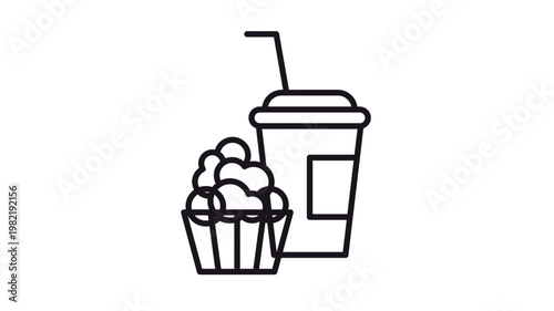 Minimalist black line art vector icon illustration of a popcorn container and a soda cup with a straw, representing a movie theater snack combo, cinema food, or fast food meal, isolated on white.