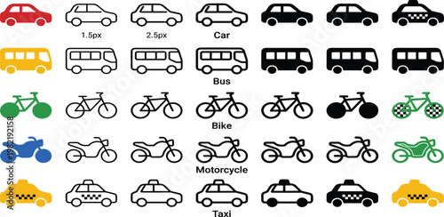 Collection of various transport icons including cars, buses, motorcycles, bicycles, and taxis for design and illustration purposes