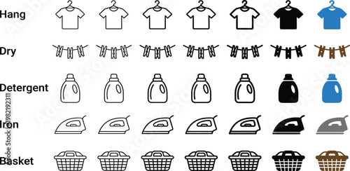 Collection of laundry icons depicting different stages and items hanging clothes, drying lines, detergent bottles, irons, and laundry baskets
