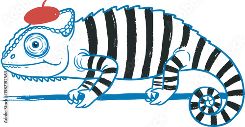 Whimsical illustration of a stylized chameleon wearing a red beret sitting on a branch