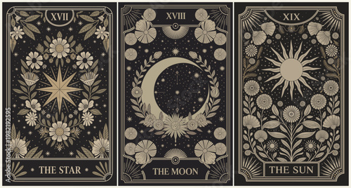 Three mystical tarot cards glow in elegant gold against deep black. Star, moon, and sun each radiate cosmic power. Flowers and celestial symbols frame each card's theme