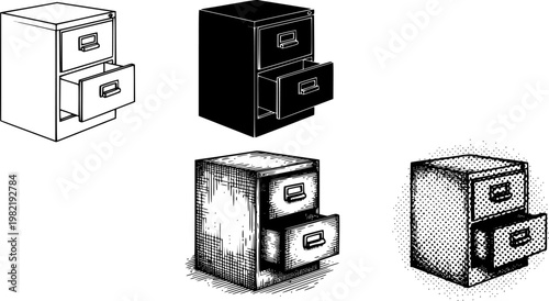 Set of four filing cabinet illustrations in different artistic styles including line art, solid black, engraving, and halftone dot patterns for office and data concepts See Less
