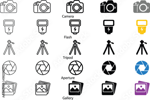 Versatile vector compilation showcasing essential visual elements for photography, including various equipment, settings, and media storage symbols for creative projects