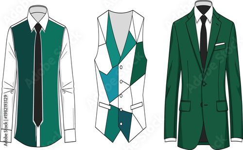Modern Mens Formal Wear Vector Set Featuring Green Business Suit Jacket Waistcoat and Dress Shirt with Tie for Fashion Design and Corporate Identity