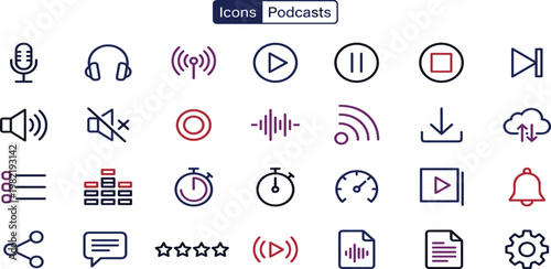 Versatile collection of modern line icons for audio production, podcasting, digital media playback, and online communication interfaces, ideal for app design and web development
