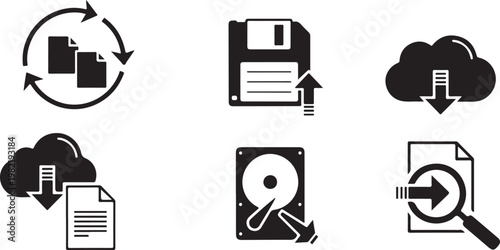 Black and white icons of various computer data storage and management concepts