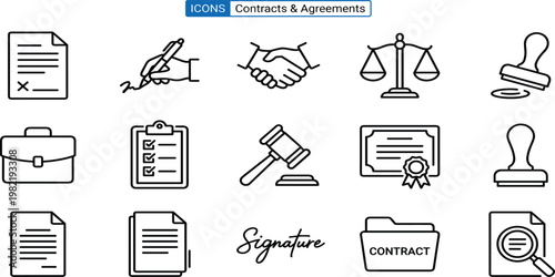 Collection of icons representing contracts, agreements, law, business, and legal documents for professional use