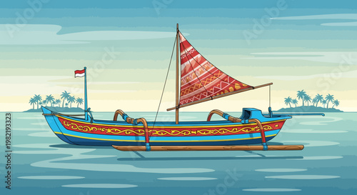 A colorful sailboat floats on calm waters near a tropical island