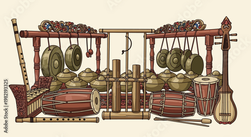 Ancient musical instruments on display in a cultural setting with drums and gongs