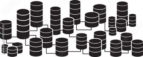 Complex network of interconnected database cylinders on white background