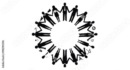 Group of diverse professionals holding hands in a large circular formation symbolizes global team collaboration and the integrated strength of working together toward common business objectives.