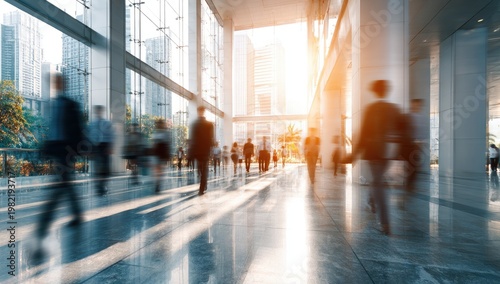Blurred motion of business people walking in a modern office lobby with sunlight streaming in.