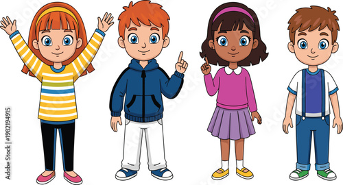Diverse Set of Cute School Children Characters Standing and Gesturing for Education Projects Primary Learning Diversity Inclusion and Preschool Classroom Illustration Vector Graphic Designs