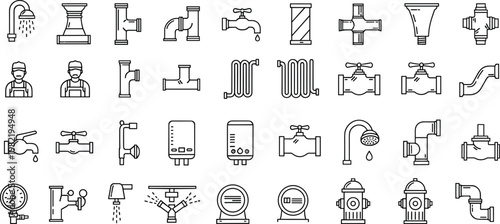 Comprehensive Plumber Line Icons Set Featuring Pipes Fittings Valves Faucets Water Heaters Pressure Gauges And Professional Repairman Graphics For Plumbing Maintenance Services A Construction Industry