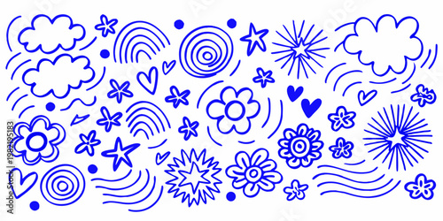 Whimsical blue doodle pattern with flowers stars and abstract shapes