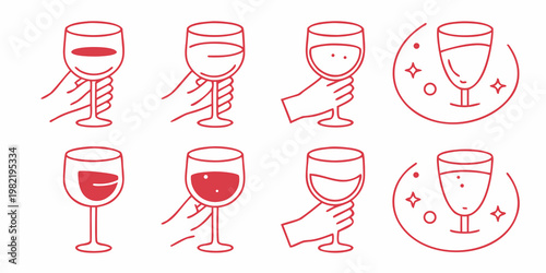 Red wine glasses in various states of fullness and celebratory designs