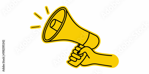 A yellow hand holding a megaphone with sound waves emanating