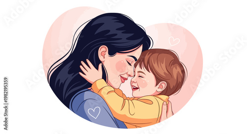 A woman tenderly hugs a laughing child in a warm indoor setting.