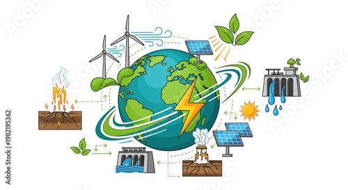 Earth surrounded by various renewable energy sources and industrial icons