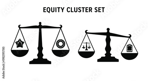 Scales of justice set depicting balanced weights and various icons represents the core principles of institutional equity and legal fairness within a professional business or civic environment.
