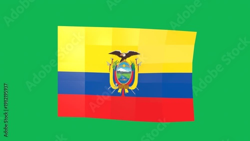 Waving Ecuador Flag with Low Poly Pixel Mosaic Style on Green Screen Background