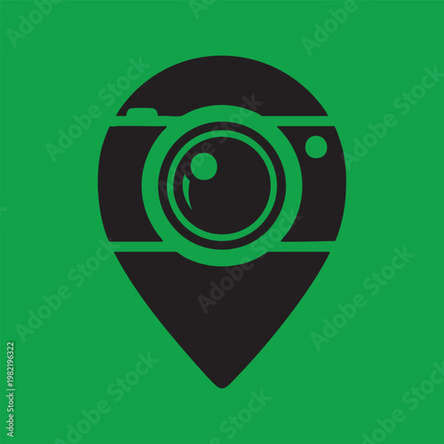 A sleek black vector icon combining a classic camera lens with a location pin symbol, set against a vibrant green background, representing geotagged photography and travel memories.