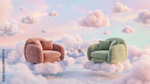 Cozy Armchairs in Dreamy Cloud Landscape with Soft Pastel Sky and Gentle Ambiance