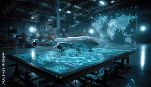Futuristic Aircraft Hologram Display in Advanced Technology Hangar.