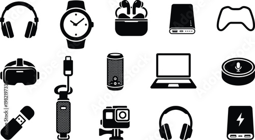 Black and white set of electronic devices and gadgets icons on white background