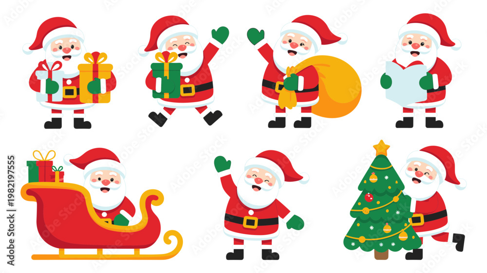 Fototapeta premium Cute Santa Claus Vector Set Flat Christmas Characters in Different Poses