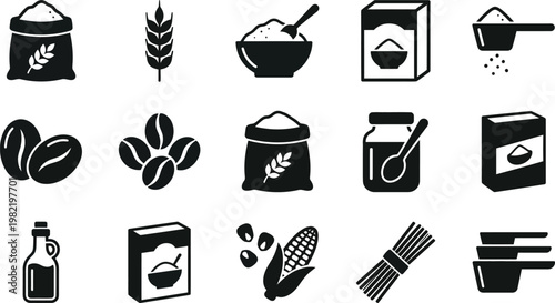 Black and white food and drink icons on white background for design and illustration purposes