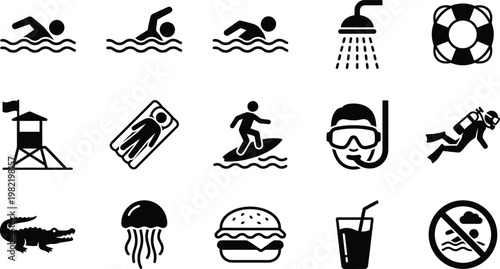 Black and white icons of beach and ocean activities and objects in rows