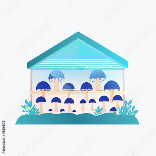 Climate Controlled Mushroom Farm Cultivation Flat Design Vector Illustration