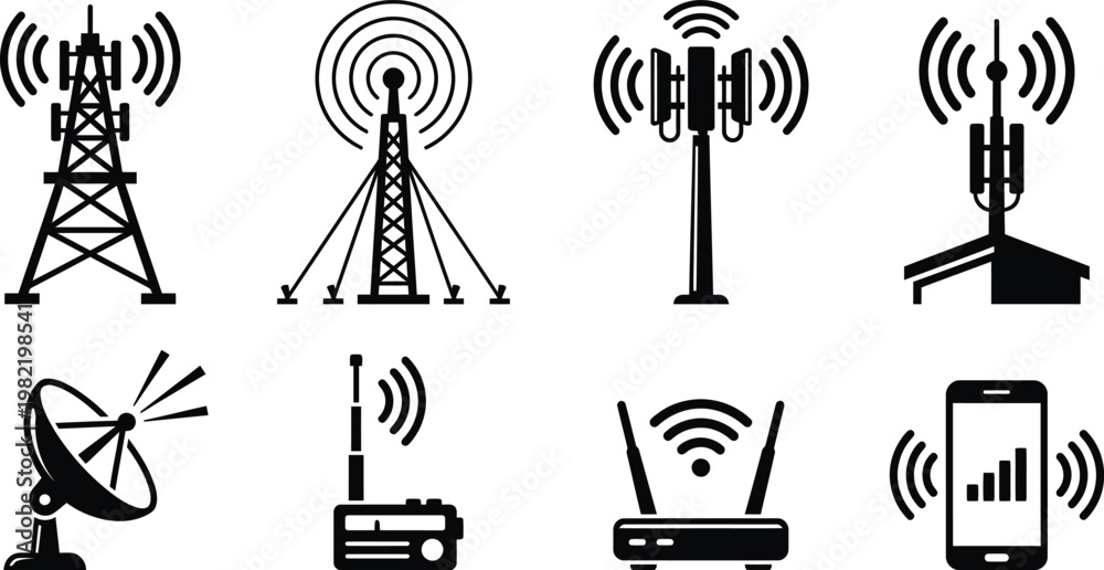 Fototapeta premium Signal Tower Broadcast Antenna Icon Vector Set