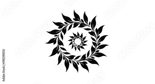 Wreath symbol composed of intricate organic leaves arranged in a circular formation represents nature, sustainability, and balanced growth in an elegant and minimalist graphic design style.