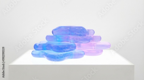 Abstract glass sculpture with translucent blue and purple layers, contemporary art installation on white pedestal, modern glasswork exhibit